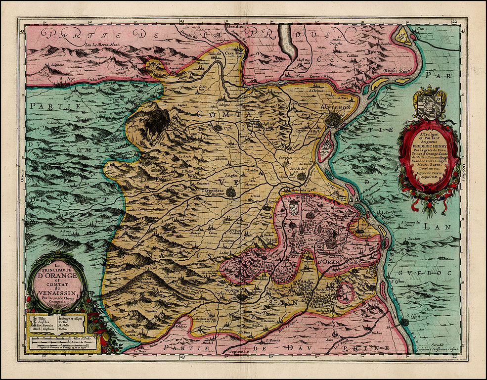 Image:  La Principaute D'Orange et Comtat de Venaissin Par Iaques de Chieze Orangeois by Willem Janszoon Blaeu (1627, Public Domain)