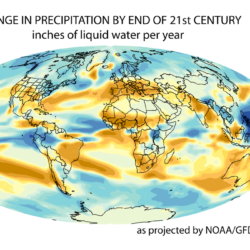 Projected change in annual average precipitation by the end of the 21st century, based on a medium emissions scenario (SRES A1B) (Credit: NOAA Geophysical Fluid Dynamics Laboratory, Public Domain)