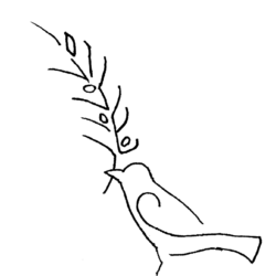 "Dove, Olive Branch, and Shalom" by Emily K. This image, made up only of fine single lines, is symbolic of Peace. The dove carries an olive branch that has enmeshed within it the word "שלום / Shalom" (peace).