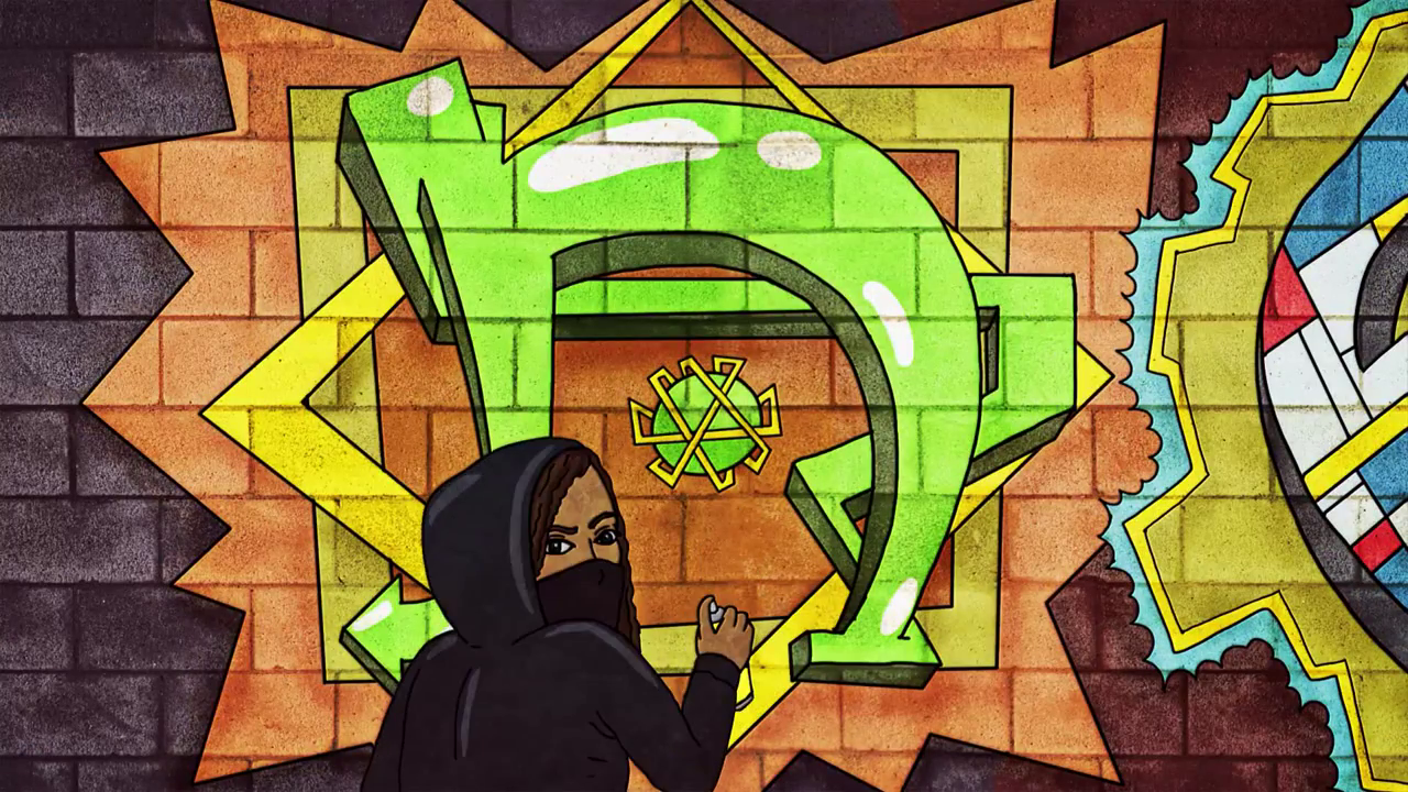 A still frame showing a masked graffiti artist painting a letter ת from the animated video for "Aleph Bass" by Darshan