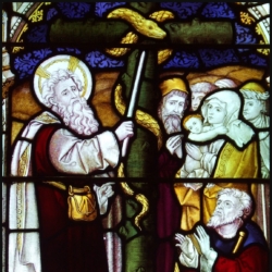 Moses and Brazen Serpent, stained glass at All Saints, Gazelet, Suffolk (credit: Simon Knott)