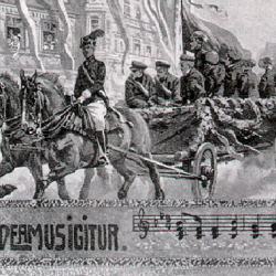 Antique postcard of a graduation festival with students on parade in a horse driven wagon. The illustration is accompanied by a quote from the song "Gaudeamus igitur."