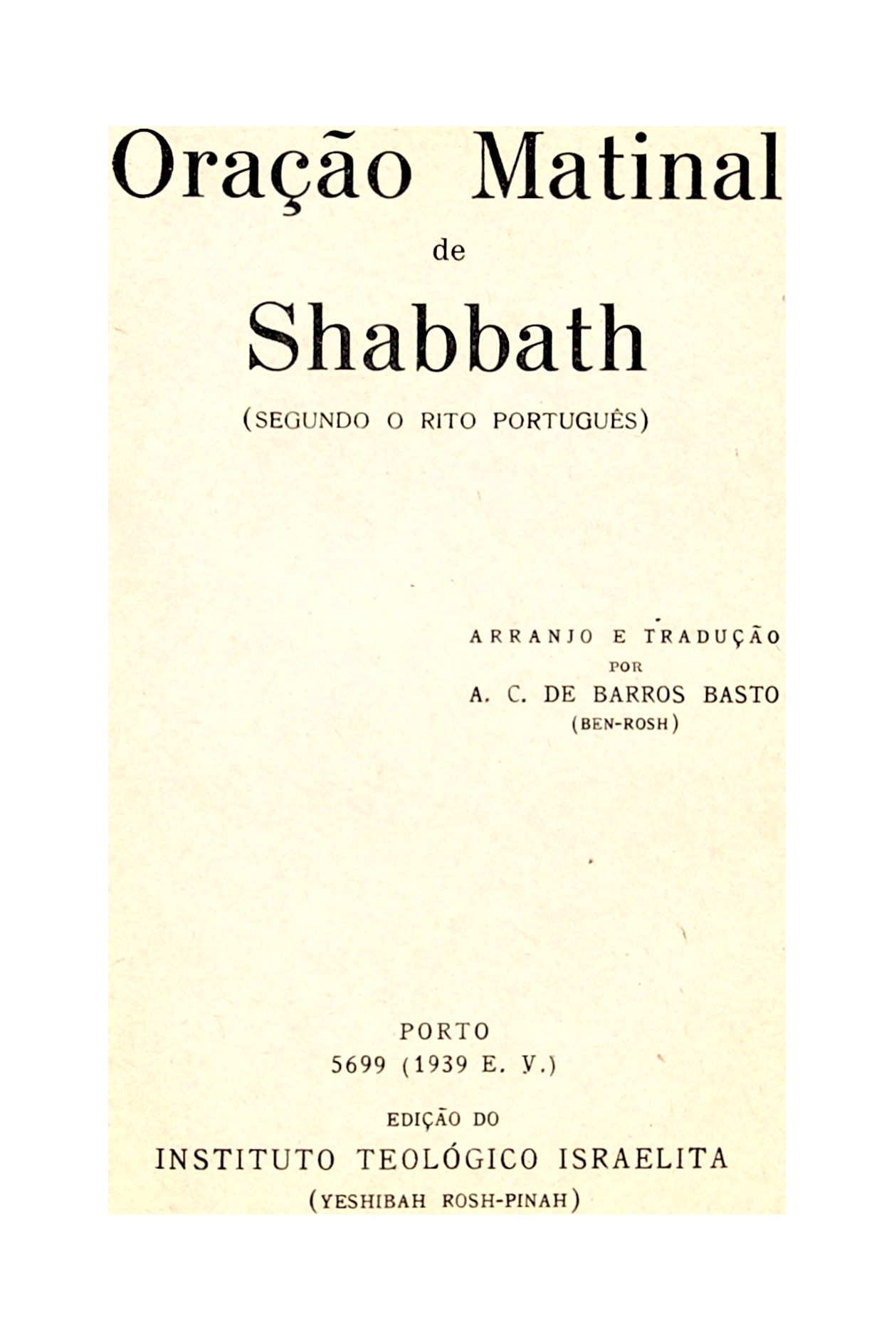 Oração Matinal de Shabbath (A.C. de Barros Basto 1939) - title