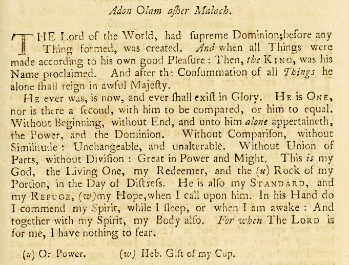 Adon Olam Asher Malakh (trans. Isaac Pinto 1766)