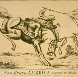 The horse America, throwing his master (British Cartoon Print) found in The American Revolution in drawings and prints; a checklist of 1765-1790 graphics in the Library of Congress, compiled by Donald H. Cresswell.