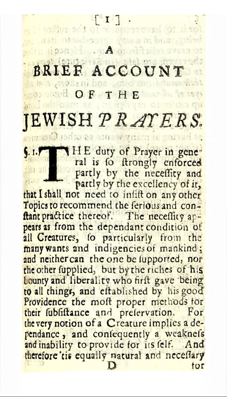 A Brief Account of the Jewish Prayers in The Jewish Kalendar (Isaac Abendana, 1695), p. 1